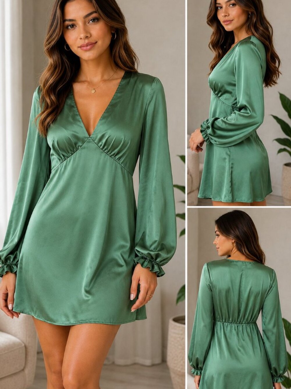 H&M Green Satin Mini Dress Long Sleeve Ruffle Cuff